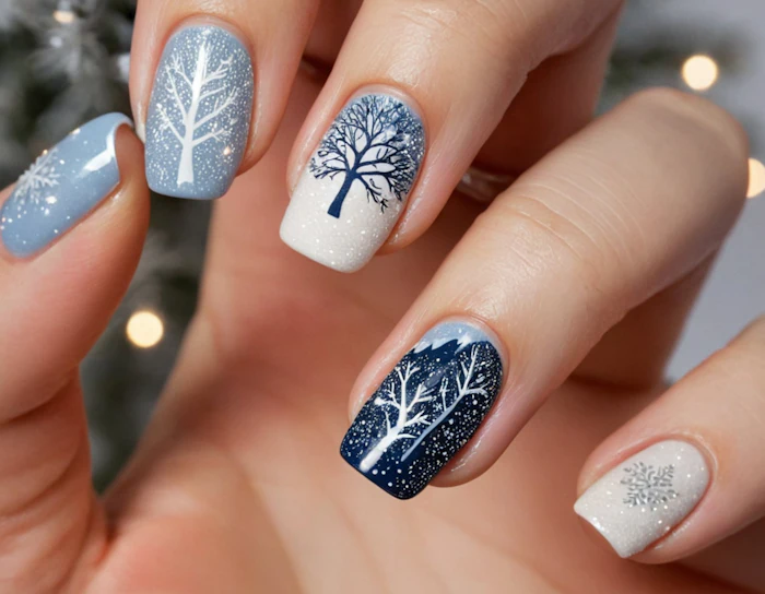 Zimowy nail art z ręcznie malowanymi drzewami w bieli i granacie